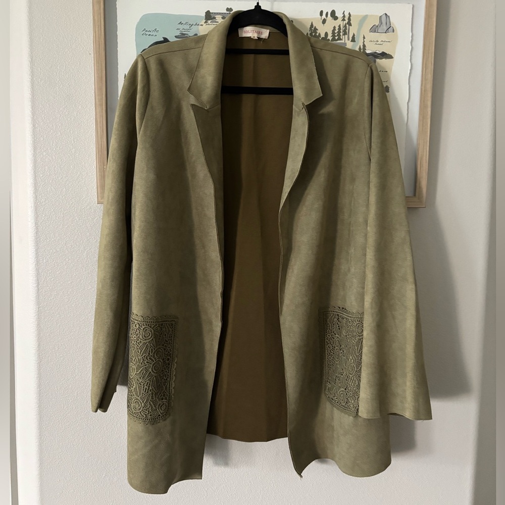 Solitaire Sage Green Suede Trench Jacket with Floral Crochet Knit Pockets Size L